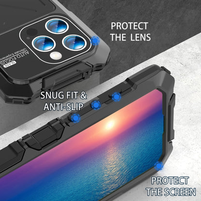 R-JUST Metal + Silicone + Tempered Glass Life Waterproof Phone Case with Holder, For iPhone 15 Pro Max, For iPhone 15 Pro, For iPhone 15 Plus, For iPhone 15