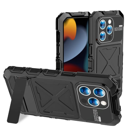 R-JUST Metal + Silicone + Tempered Glass Life Waterproof Phone Case with Holder, For iPhone 15 Pro Max, For iPhone 15 Pro, For iPhone 15 Plus, For iPhone 15