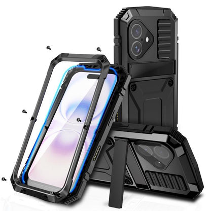 R-JUST Metal + Silicone + Tempered Glass Life Waterproof Phone Case with Holder, For iPhone 18 Pro, For iPhone 18 Pro Max, For iPhone 17 Pro Max, For iPhone 17 Pro, For iPhone 17, For iPhone Air