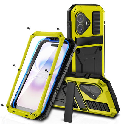 R-JUST Metal + Silicone + Tempered Glass Life Waterproof Phone Case with Holder, For iPhone 18 Pro, For iPhone 18 Pro Max, For iPhone 17 Pro Max, For iPhone 17 Pro, For iPhone 17, For iPhone Air