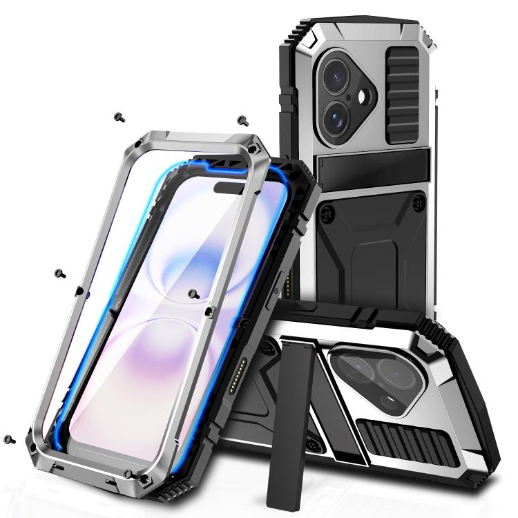 R-JUST Metal + Silicone + Tempered Glass Life Waterproof Phone Case with Holder, For iPhone 18 Pro, For iPhone 18 Pro Max, For iPhone 17 Pro Max, For iPhone 17 Pro, For iPhone 17, For iPhone Air