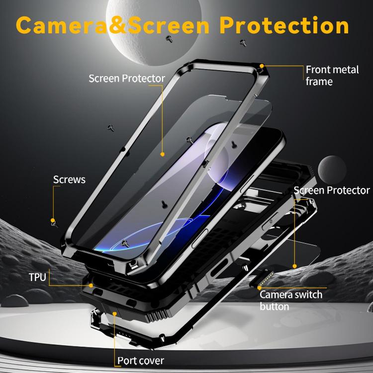 R-JUST Metal + Silicone + Tempered Glass Life Waterproof Phone Case with Holder, For iPhone 18 Pro, For iPhone 18 Pro Max, For iPhone 17 Pro Max, For iPhone 17 Pro, For iPhone 17, For iPhone Air