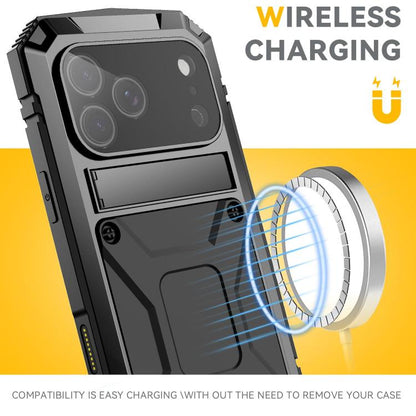 R-JUST Metal + Silicone + Tempered Glass Life Waterproof Phone Case with Holder, For iPhone 18 Pro, For iPhone 18 Pro Max, For iPhone 17 Pro Max, For iPhone 17 Pro, For iPhone 17, For iPhone Air