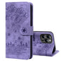 Cartoon Sakura Cat Embossed Leather Phone Case, For iPhone 16, For iPhone 15 Pro Max, For iPhone 15 Pro, For iPhone 15 Plus