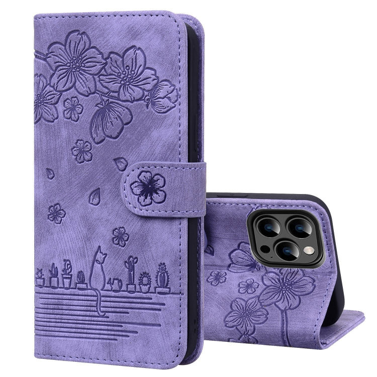 Cartoon Sakura Cat Embossed Leather Phone Case, For iPhone 16, For iPhone 15 Pro Max, For iPhone 15 Pro, For iPhone 15 Plus