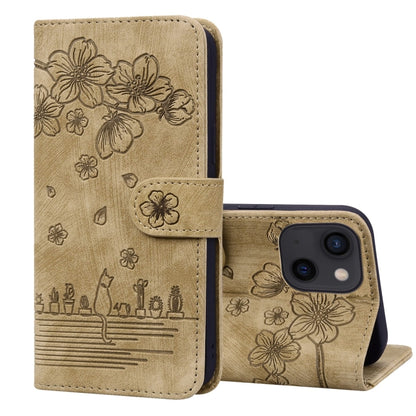 Cartoon Sakura Cat Embossed Leather Phone Case, For iPhone 16, For iPhone 15 Pro Max, For iPhone 15 Pro, For iPhone 15 Plus
