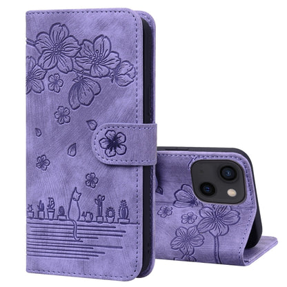 Cartoon Sakura Cat Embossed Leather Phone Case, For iPhone 16, For iPhone 15 Pro Max, For iPhone 15 Pro, For iPhone 15 Plus
