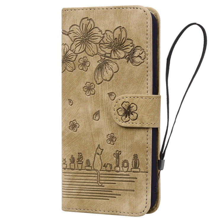 Cartoon Sakura Cat Embossed Leather Phone Case, For iPhone 15, For iPhone 14 Plus, For iPhone 14, For iPhone 14 Pro