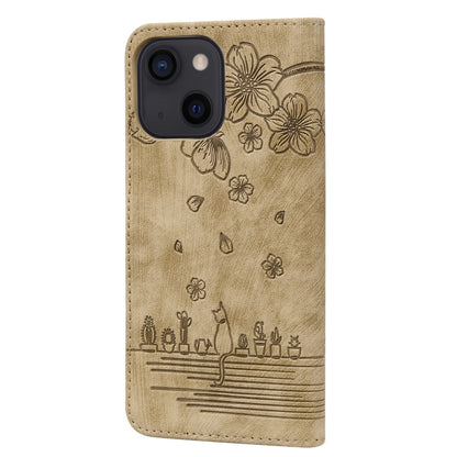 Cartoon Sakura Cat Embossed Leather Phone Case, For iPhone 15, For iPhone 14 Plus, For iPhone 14, For iPhone 14 Pro