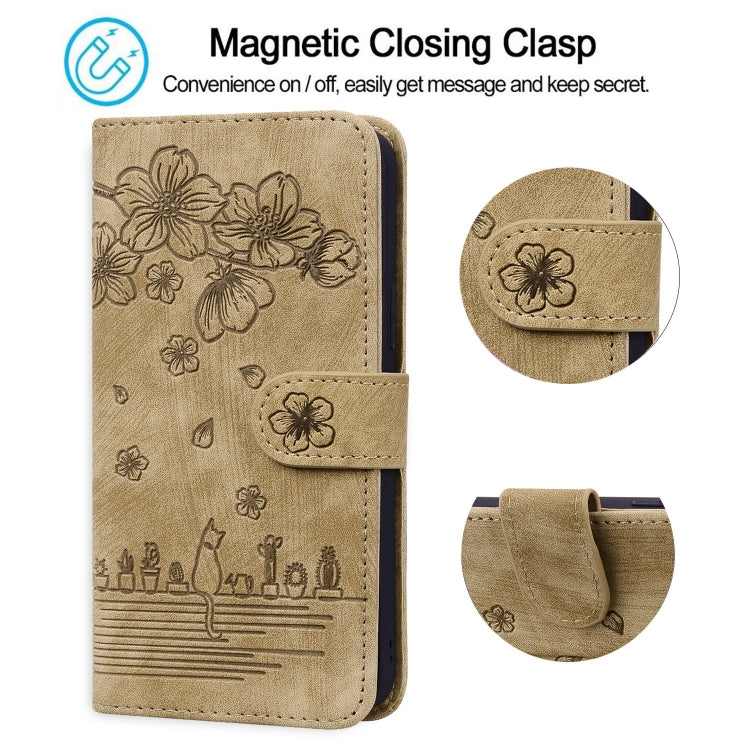 Cartoon Sakura Cat Embossed Leather Phone Case, For iPhone 15, For iPhone 14 Plus, For iPhone 14, For iPhone 14 Pro