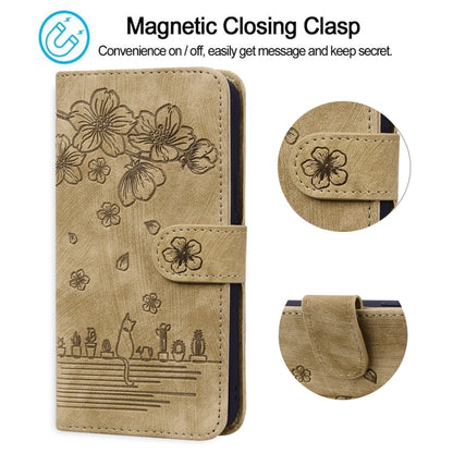 Cartoon Sakura Cat Embossed Leather Phone Case, For iPhone 15, For iPhone 14 Plus, For iPhone 14, For iPhone 14 Pro