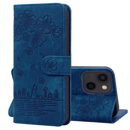 Cartoon Sakura Cat Embossed Leather Phone Case, For iPhone 15, For iPhone 14 Plus, For iPhone 14, For iPhone 14 Pro