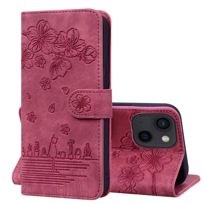 Cartoon Sakura Cat Embossed Leather Phone Case, For iPhone 15, For iPhone 14 Plus, For iPhone 14, For iPhone 14 Pro