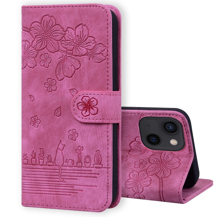 Cartoon Sakura Cat Embossed Leather Phone Case, For iPhone 15, For iPhone 14 Plus, For iPhone 14, For iPhone 14 Pro
