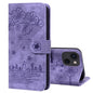 Cartoon Sakura Cat Embossed Leather Phone Case, For iPhone 15, For iPhone 14 Plus, For iPhone 14, For iPhone 14 Pro