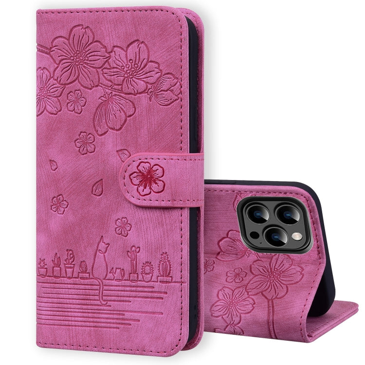 Cartoon Sakura Cat Embossed Leather Phone Case, For iPhone 15, For iPhone 14 Plus, For iPhone 14, For iPhone 14 Pro