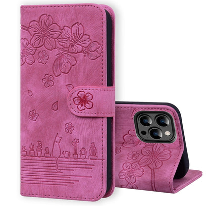 Cartoon Sakura Cat Embossed Leather Phone Case, For iPhone 15, For iPhone 14 Plus, For iPhone 14, For iPhone 14 Pro