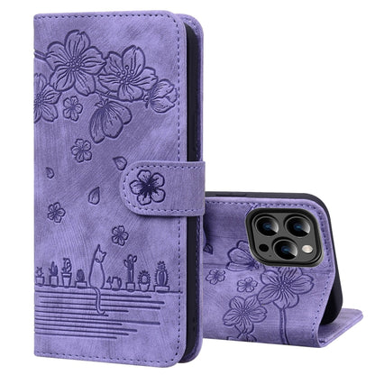 Cartoon Sakura Cat Embossed Leather Phone Case, For iPhone 15, For iPhone 14 Plus, For iPhone 14, For iPhone 14 Pro