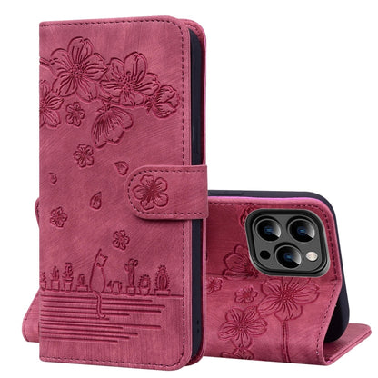 Cartoon Sakura Cat Embossed Leather Phone Case, For iPhone 15, For iPhone 14 Plus, For iPhone 14, For iPhone 14 Pro