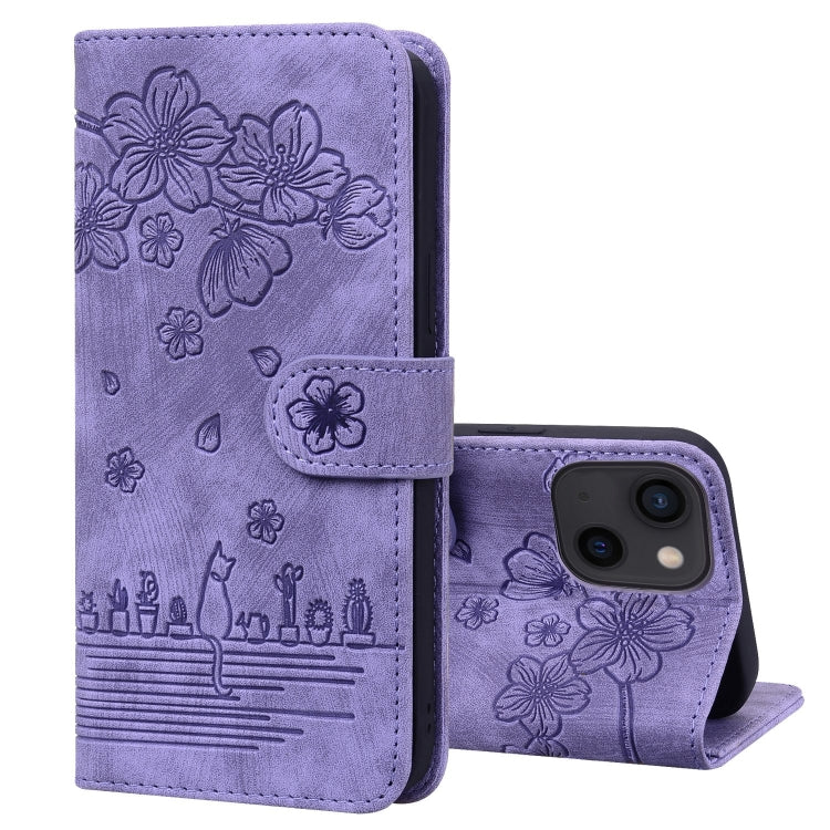 Cartoon Sakura Cat Embossed Leather Phone Case, For iPhone 15, For iPhone 14 Plus, For iPhone 14, For iPhone 14 Pro