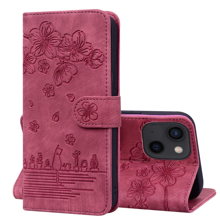 Cartoon Sakura Cat Embossed Leather Phone Case, For iPhone 15, For iPhone 14 Plus, For iPhone 14, For iPhone 14 Pro