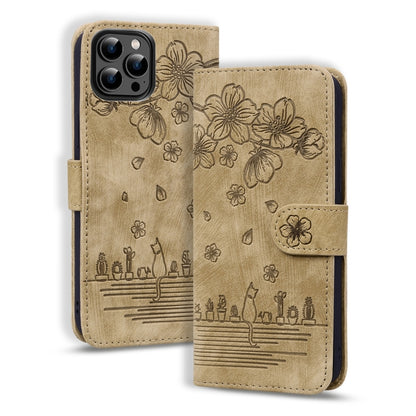 Cartoon Sakura Cat Embossed Leather Phone Case, For iPhone Air, For iPhone 16 Pro Max, For iPhone 16 Pro, For iPhone 16 Plus