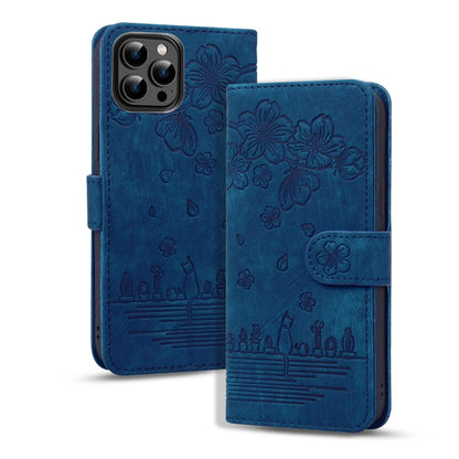 Cartoon Sakura Cat Embossed Leather Phone Case, For iPhone Air, For iPhone 16 Pro Max, For iPhone 16 Pro, For iPhone 16 Plus