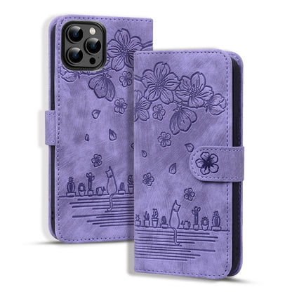 Cartoon Sakura Cat Embossed Leather Phone Case, For iPhone Air, For iPhone 16 Pro Max, For iPhone 16 Pro, For iPhone 16 Plus