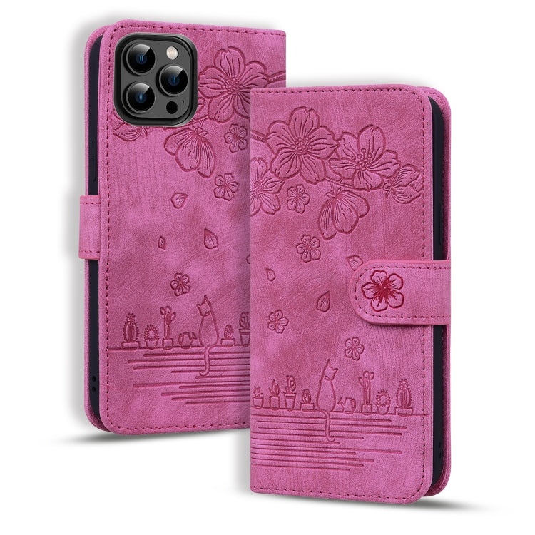 Cartoon Sakura Cat Embossed Leather Phone Case, For iPhone Air, For iPhone 16 Pro Max, For iPhone 16 Pro, For iPhone 16 Plus