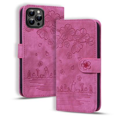 Cartoon Sakura Cat Embossed Leather Phone Case, For iPhone Air, For iPhone 16 Pro Max, For iPhone 16 Pro, For iPhone 16 Plus