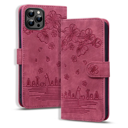 Cartoon Sakura Cat Embossed Leather Phone Case, For iPhone Air, For iPhone 16 Pro Max, For iPhone 16 Pro, For iPhone 16 Plus