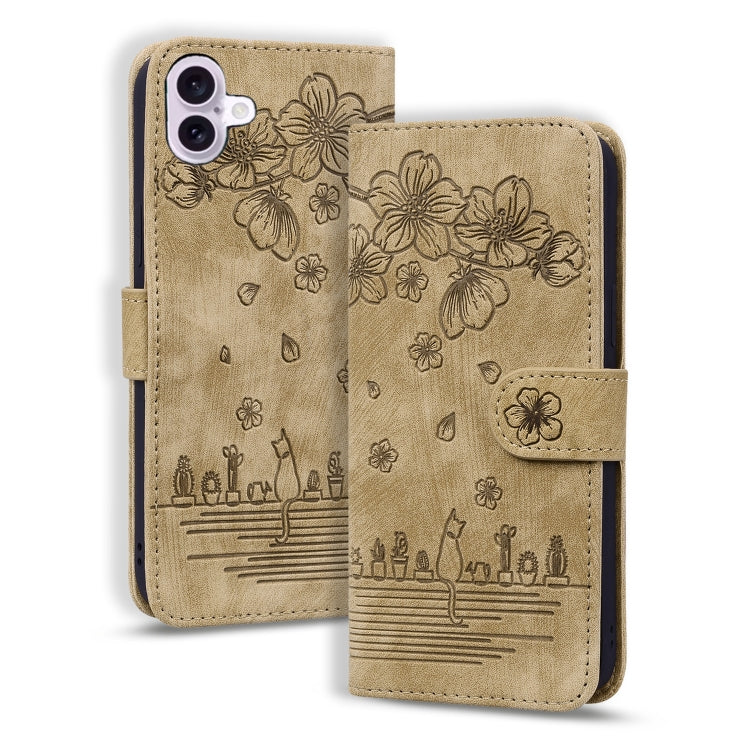 Cartoon Sakura Cat Embossed Leather Phone Case, For iPhone Air, For iPhone 16 Pro Max, For iPhone 16 Pro, For iPhone 16 Plus