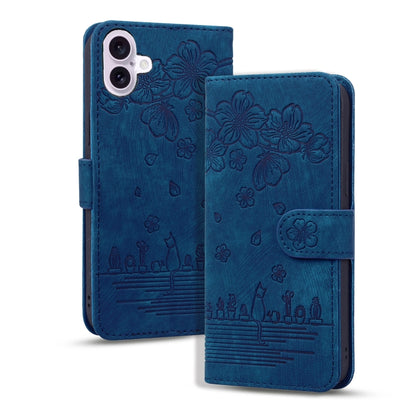 Cartoon Sakura Cat Embossed Leather Phone Case, For iPhone Air, For iPhone 16 Pro Max, For iPhone 16 Pro, For iPhone 16 Plus