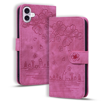 Cartoon Sakura Cat Embossed Leather Phone Case, For iPhone Air, For iPhone 16 Pro Max, For iPhone 16 Pro, For iPhone 16 Plus