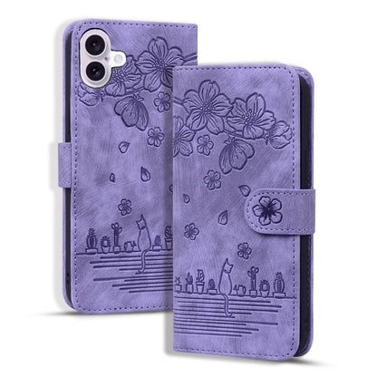 Cartoon Sakura Cat Embossed Leather Phone Case, For iPhone Air, For iPhone 16 Pro Max, For iPhone 16 Pro, For iPhone 16 Plus