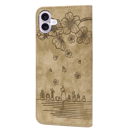 Cartoon Sakura Cat Embossed Leather Phone Case, For iPhone 16, For iPhone 15 Pro Max, For iPhone 15 Pro, For iPhone 15 Plus