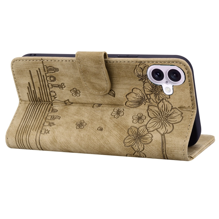 Cartoon Sakura Cat Embossed Leather Phone Case, For iPhone 16, For iPhone 15 Pro Max, For iPhone 15 Pro, For iPhone 15 Plus