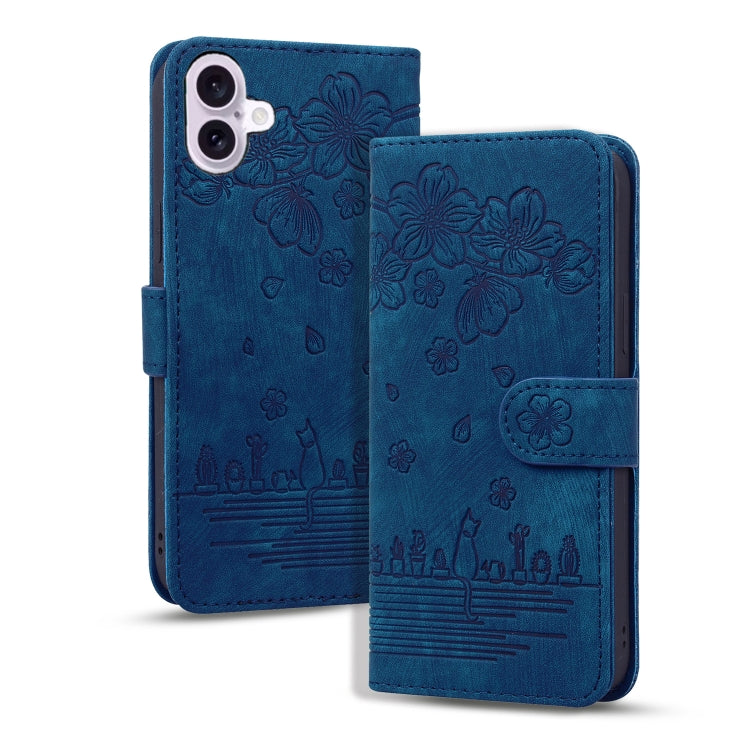 Cartoon Sakura Cat Embossed Leather Phone Case, For iPhone 16, For iPhone 15 Pro Max, For iPhone 15 Pro, For iPhone 15 Plus