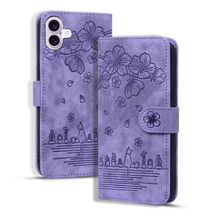 Cartoon Sakura Cat Embossed Leather Phone Case, For iPhone 16, For iPhone 15 Pro Max, For iPhone 15 Pro, For iPhone 15 Plus