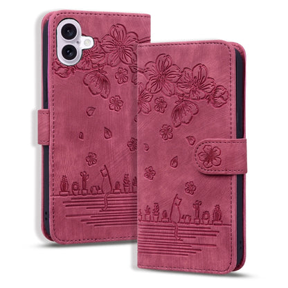 Cartoon Sakura Cat Embossed Leather Phone Case, For iPhone 16, For iPhone 15 Pro Max, For iPhone 15 Pro, For iPhone 15 Plus