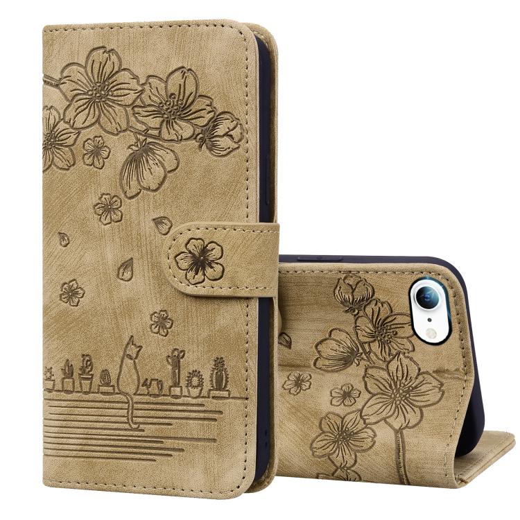 Cartoon Sakura Cat Embossed Leather Phone Case, For iPhone 18 Pro / 17 Pro, For iPhone 18 Pro Max / 17 Pro Max, For iPhone 17e / 16e, For iPhone 17
