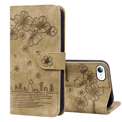 Cartoon Sakura Cat Embossed Leather Phone Case, For iPhone 18 Pro / 17 Pro, For iPhone 18 Pro Max / 17 Pro Max, For iPhone 17e / 16e, For iPhone 17