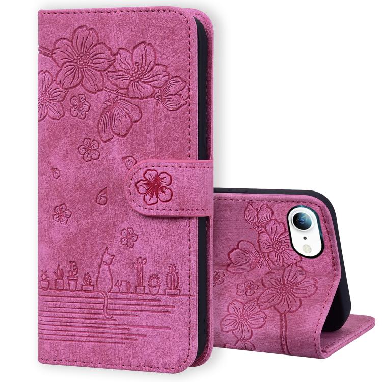 Cartoon Sakura Cat Embossed Leather Phone Case, For iPhone 18 Pro / 17 Pro, For iPhone 18 Pro Max / 17 Pro Max, For iPhone 17e / 16e, For iPhone 17