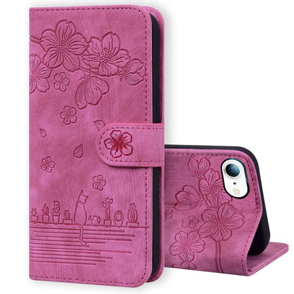 Cartoon Sakura Cat Embossed Leather Phone Case, For iPhone 18 Pro / 17 Pro, For iPhone 18 Pro Max / 17 Pro Max, For iPhone 17e / 16e, For iPhone 17