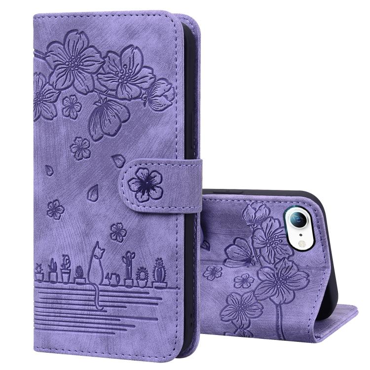 Cartoon Sakura Cat Embossed Leather Phone Case, For iPhone 18 Pro / 17 Pro, For iPhone 18 Pro Max / 17 Pro Max, For iPhone 17e / 16e, For iPhone 17