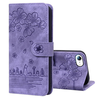 Cartoon Sakura Cat Embossed Leather Phone Case, For iPhone 18 Pro / 17 Pro, For iPhone 18 Pro Max / 17 Pro Max, For iPhone 17e / 16e, For iPhone 17