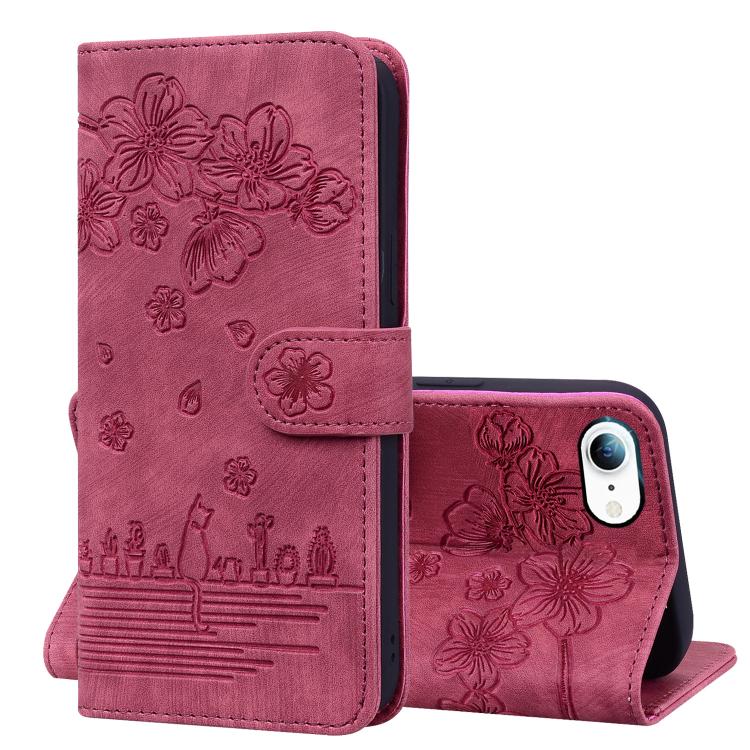 Cartoon Sakura Cat Embossed Leather Phone Case, For iPhone 18 Pro / 17 Pro, For iPhone 18 Pro Max / 17 Pro Max, For iPhone 17e / 16e, For iPhone 17