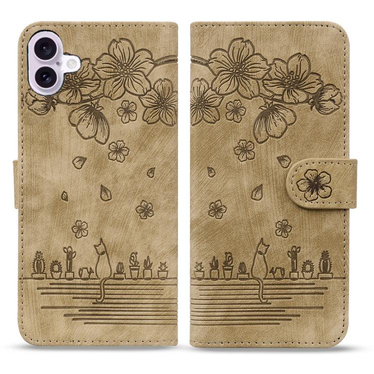 Cartoon Sakura Cat Embossed Leather Phone Case, For iPhone 18 Pro / 17 Pro, For iPhone 18 Pro Max / 17 Pro Max, For iPhone 17e / 16e, For iPhone 17