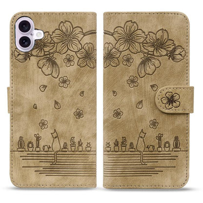 Cartoon Sakura Cat Embossed Leather Phone Case, For iPhone 18 Pro / 17 Pro, For iPhone 18 Pro Max / 17 Pro Max, For iPhone 17e / 16e, For iPhone 17