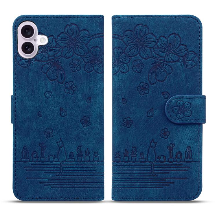 Cartoon Sakura Cat Embossed Leather Phone Case, For iPhone 18 Pro / 17 Pro, For iPhone 18 Pro Max / 17 Pro Max, For iPhone 17e / 16e, For iPhone 17